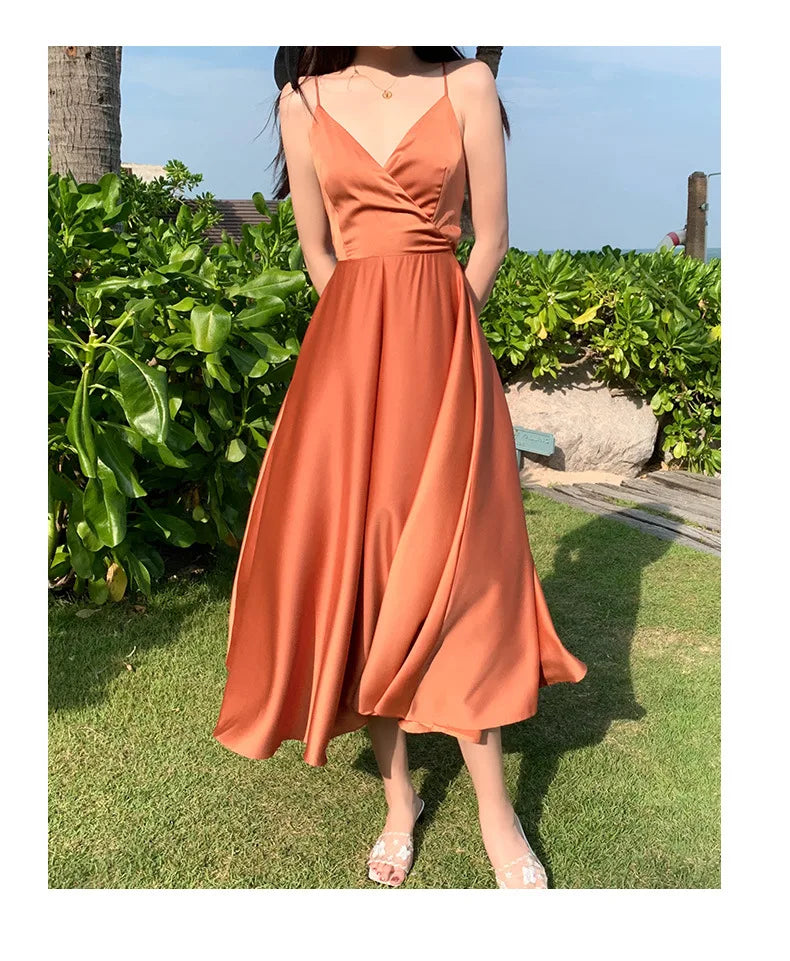 New ivory Caramel terracotta Auburn satin 120cm over knee spaghetti backless strap summer lady girl dress gown daily wear