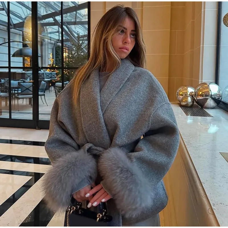 Solid Lace Up Faux Fur Sleeve Jacket Woman Elegant Mid-length V-neck Woolen Blend Coat Autumn Casual Fashion Scarf Outwear 2025