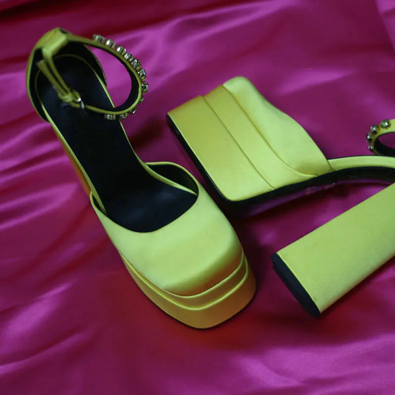 High Heels Women 2025 New Fashion Show 15cm Personality Super High Heel Waterproof Square Head Black Silk Runway Shoes