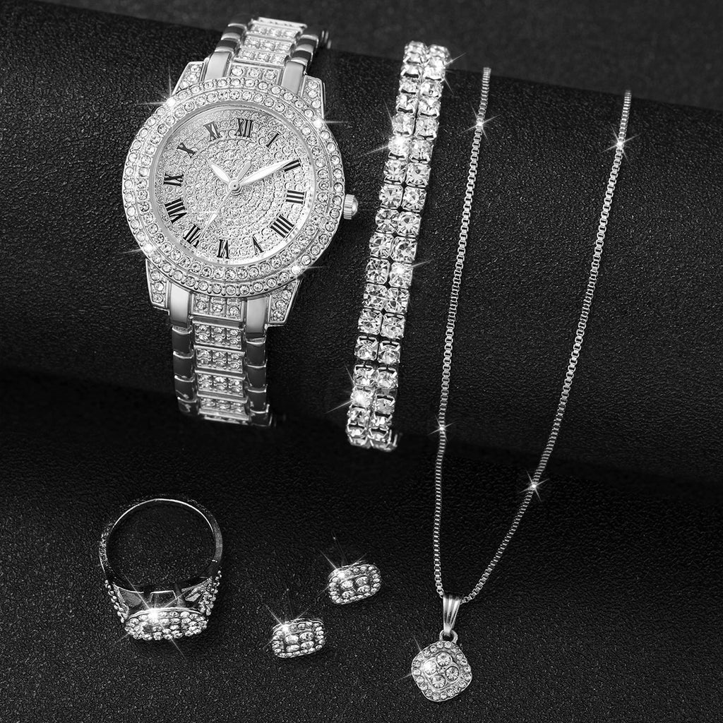 6PCS/Set Women's Watch Fashion Full Diamond Steel Band Analog Quartz Watches Jewelry Set(Without Box)