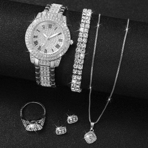 6PCS/Set Women's Watch Fashion Full Diamond Steel Band Analog Quartz Watches Jewelry Set(Without Box)