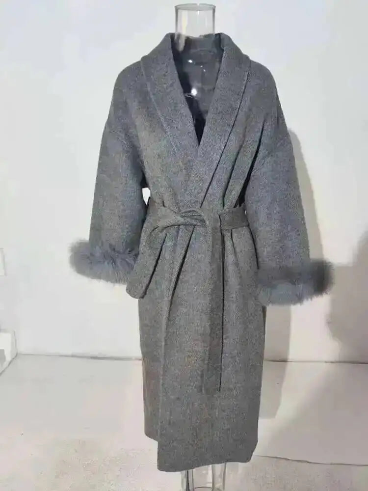 UCXQ Elegant OL Office Lady Overcoats Fur Patchwork Long Sleeve Woolen Coat Beautiful Women's Clothing Jacket Autumn 2025 Winter