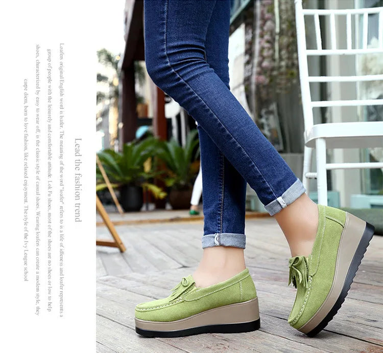 Fashon Green Suede Shoes of Women 2025 Spring Platform Leather Flats Slip on Sneakers Designer Tassel Fringe Loafer Moccasins