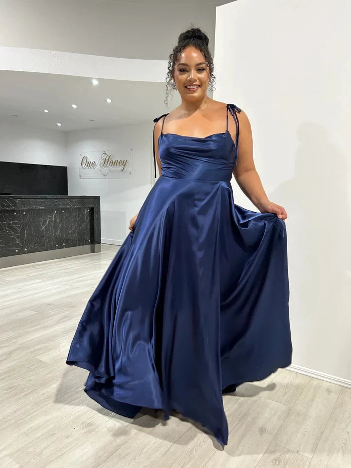 BABYONLINE Simple In Stock Soft Sliky Satin Bridesmaid Dresses Cowl Neck Tieing Thin Straps Leg Slit and Flowing A-line Dress
