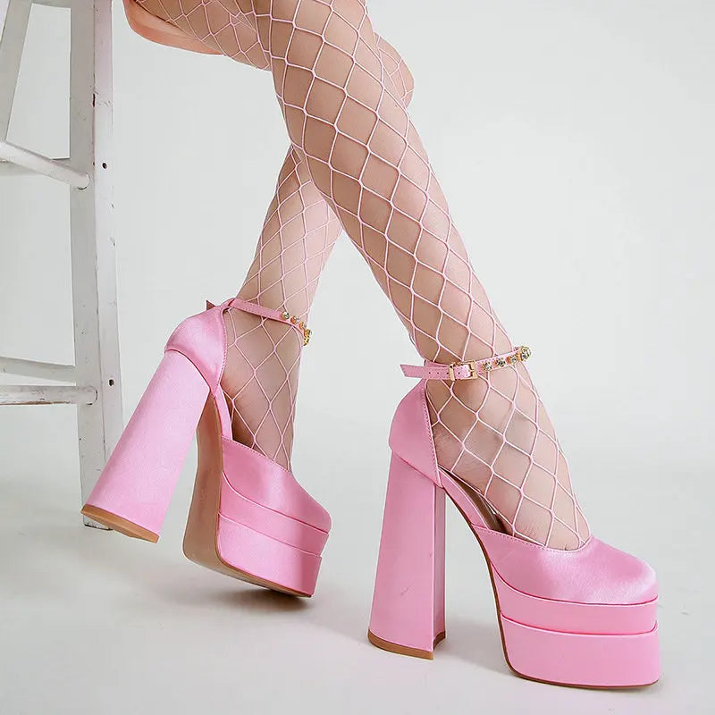 High Heels Women 2025 New Fashion Show 15cm Personality Super High Heel Waterproof Square Head Black Silk Runway Shoes