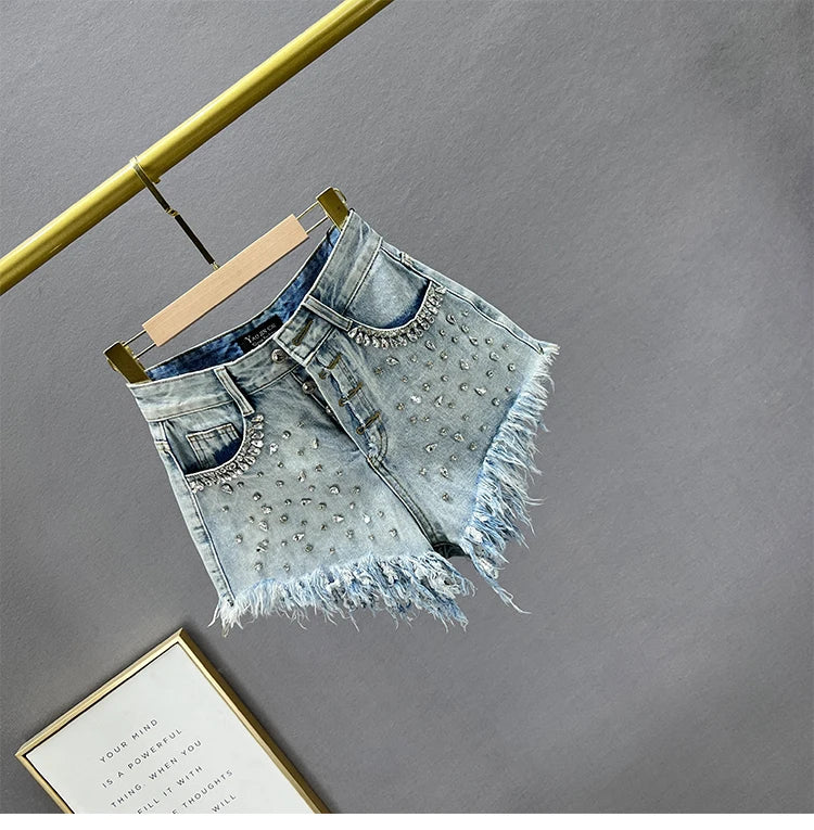 Diamond-Embedded Denim Shorts Women's Fashionable 2023 New Summer High Waist Loose Slimming Raw Hem Wide Legs Short Hot Pants