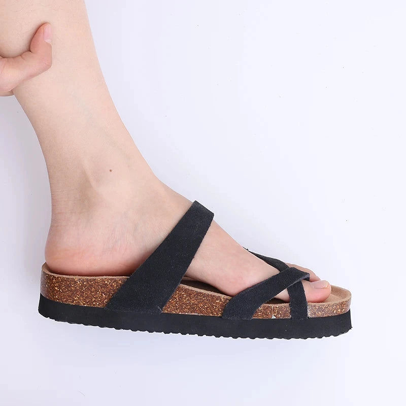 Shevalues Women Sandals Fashion Casual Cork Slippers Comfort Flats Slides With Adjustable Buckle Female Thick Sole Home Shoes