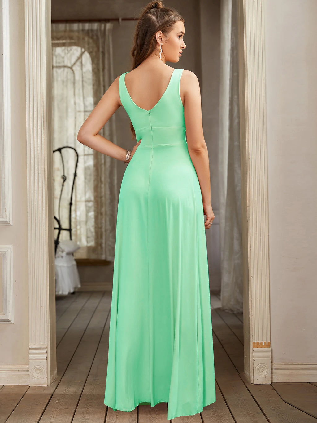 BABYONLINE A Line Split V Neck Bridesmaid Dress Long for Women Wedding Party Formal Dress Sleeveless Floor Length Maxi Evening