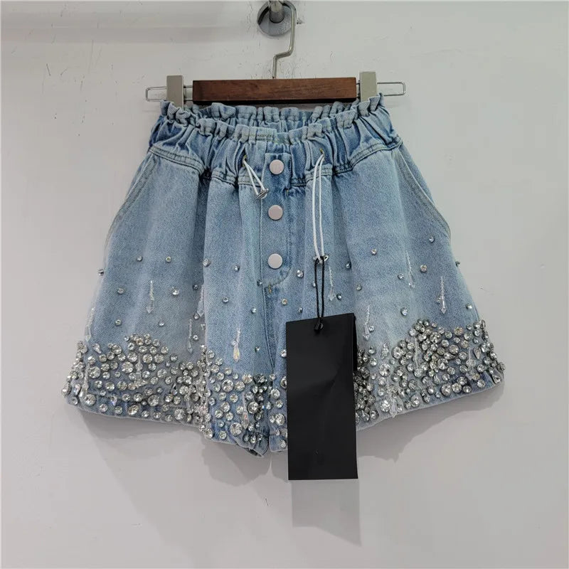 Heavy Industry Tassel Bead Diamond High Waist Jeans Shorts Loose Slimming Wide-Leg Denim Shorts Women 2023 Summer Short Pants
