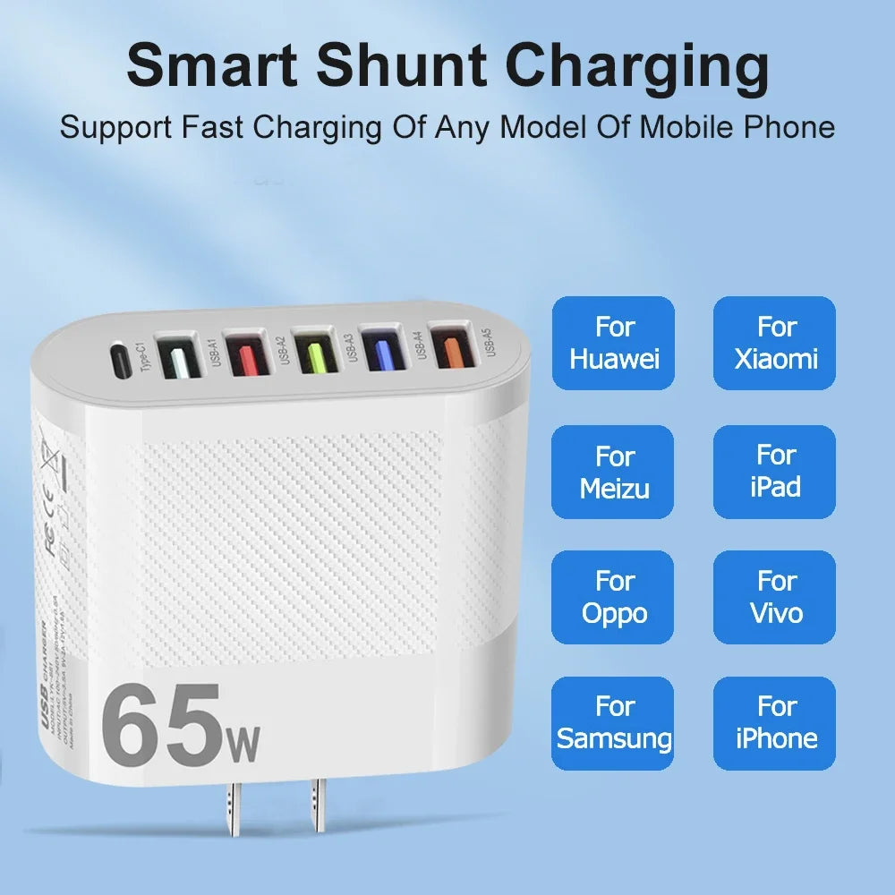 3.1A 5 Ports USB Charger PD Fast Charging Adapter For iPhone Xiaomi Samsung Mobile Phone EU/US/UK Plug Charge QC3.0 Wall Charger