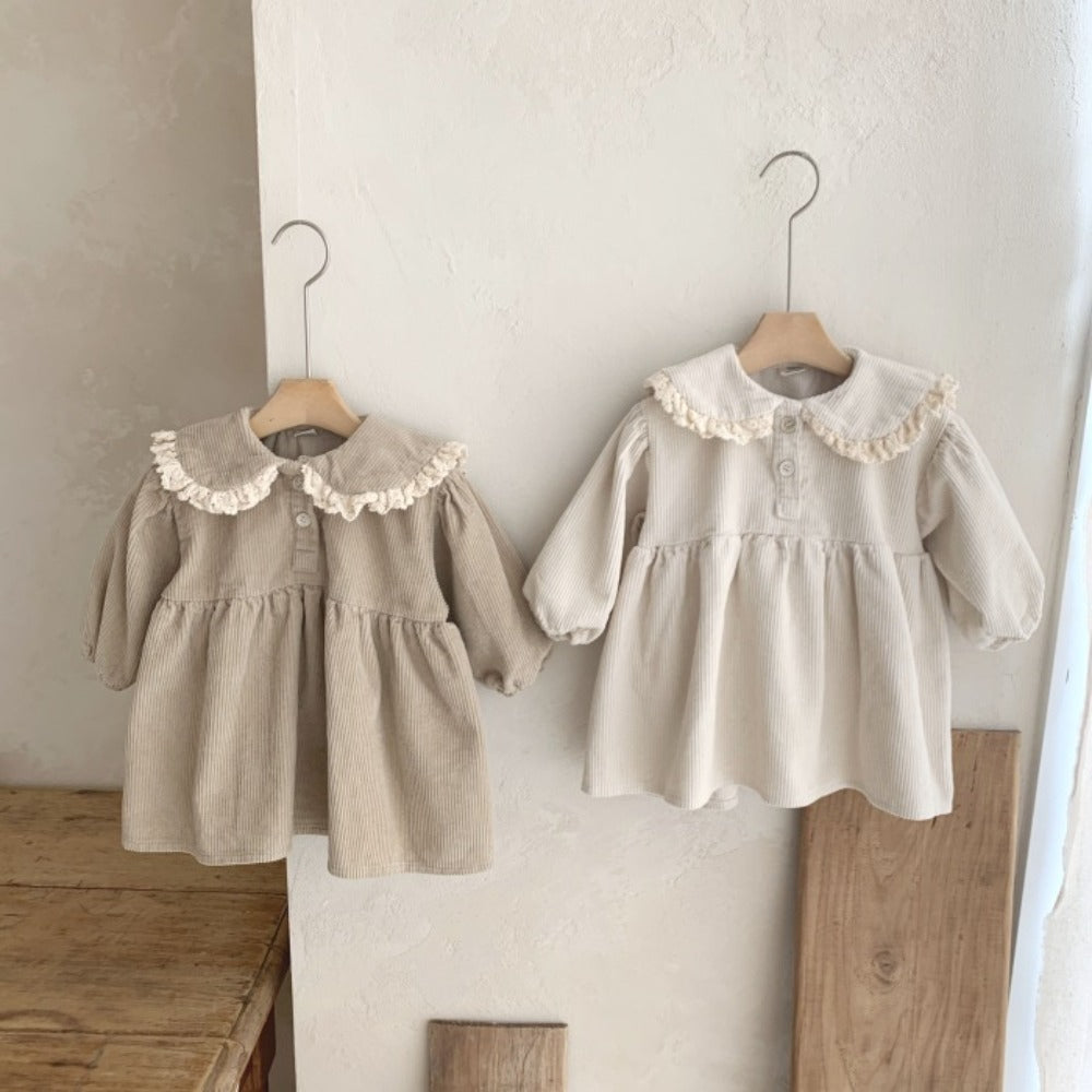 Spring Toddler Girl Dress Peter Pan Collar Full Sleeve Corduroy Dress for Kids