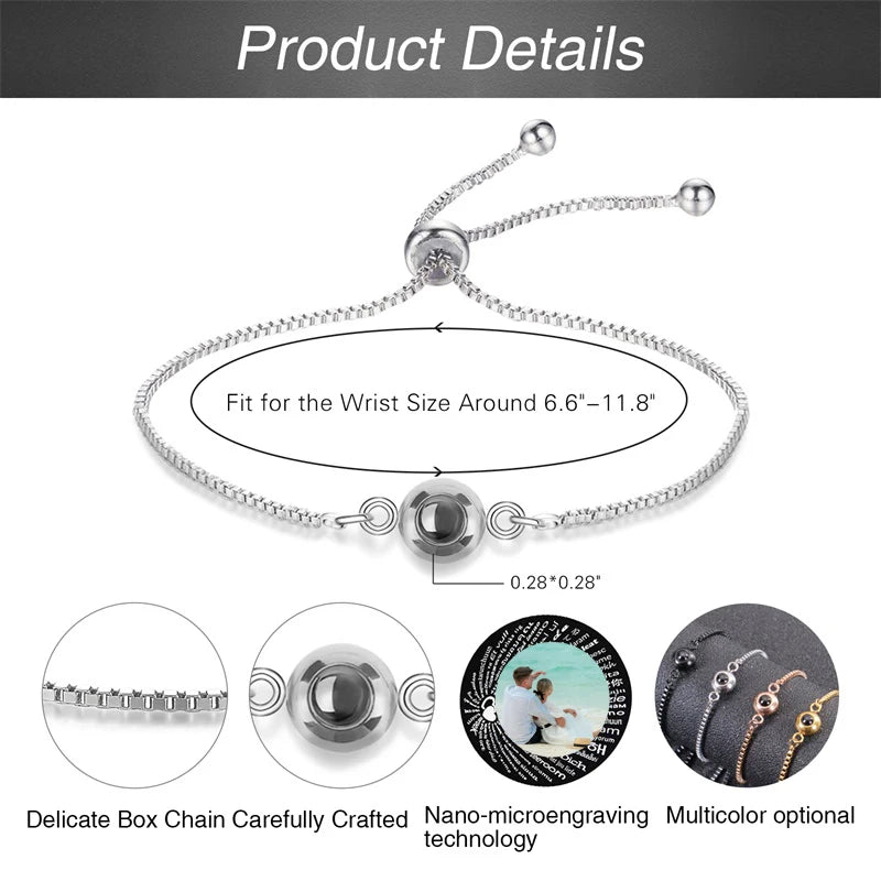 Custom Photo Bracelet Personalized Projection Bracelets with Picture Inside 100 Languages I Love You Stainless Steel Bracelet