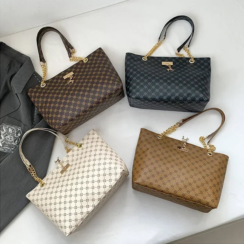 1pcs Fashionable Large Capacity Handbag Texture PU Leather Tote Women Bag with Hanging Accessories Shoulder Bag