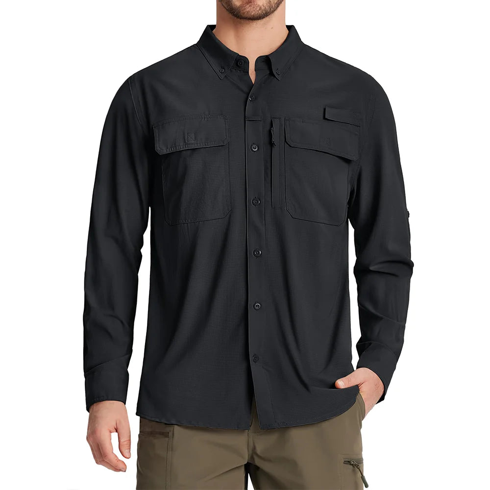 TACVASEN UPF 50+ Sun Protection Fishing Shirts Men's Quick Dry Long Sleeve Shirts Mesh Breathable Hiking Work Cargo Shirts