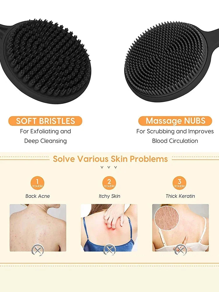 Soft Silicone Body Scrubber Back Brush Bath Shower Brush with Handle Exfoliating Back Scrub Skin Massager Body Care Bath Supplie