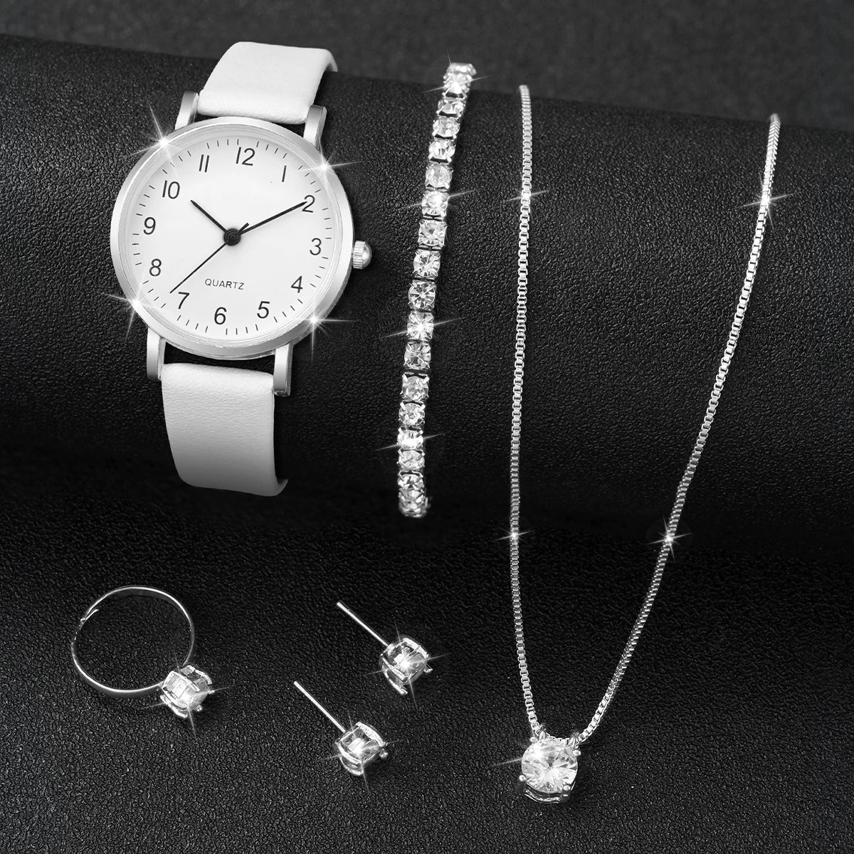 5/6PCS Fashion Women's Quartz Watch Leather Band Analog Quartz Watches with Diamond Jewelry (Without Box)