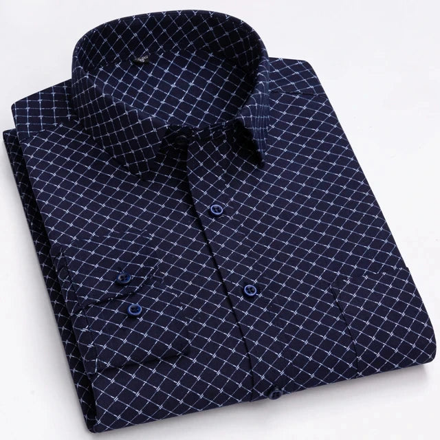 Men's Long Sleeve Shirt High-quality Fashion Casual Print Plaid Stripe Single Pocket Fit Business Formal Office Four Season Top