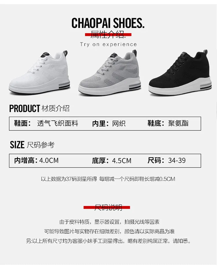 Casual Increase Women Shoes Mesh Comfortable Breathable Wedge Heels Fashion Contracted Lace Up Running Sneakers Tênis Branco