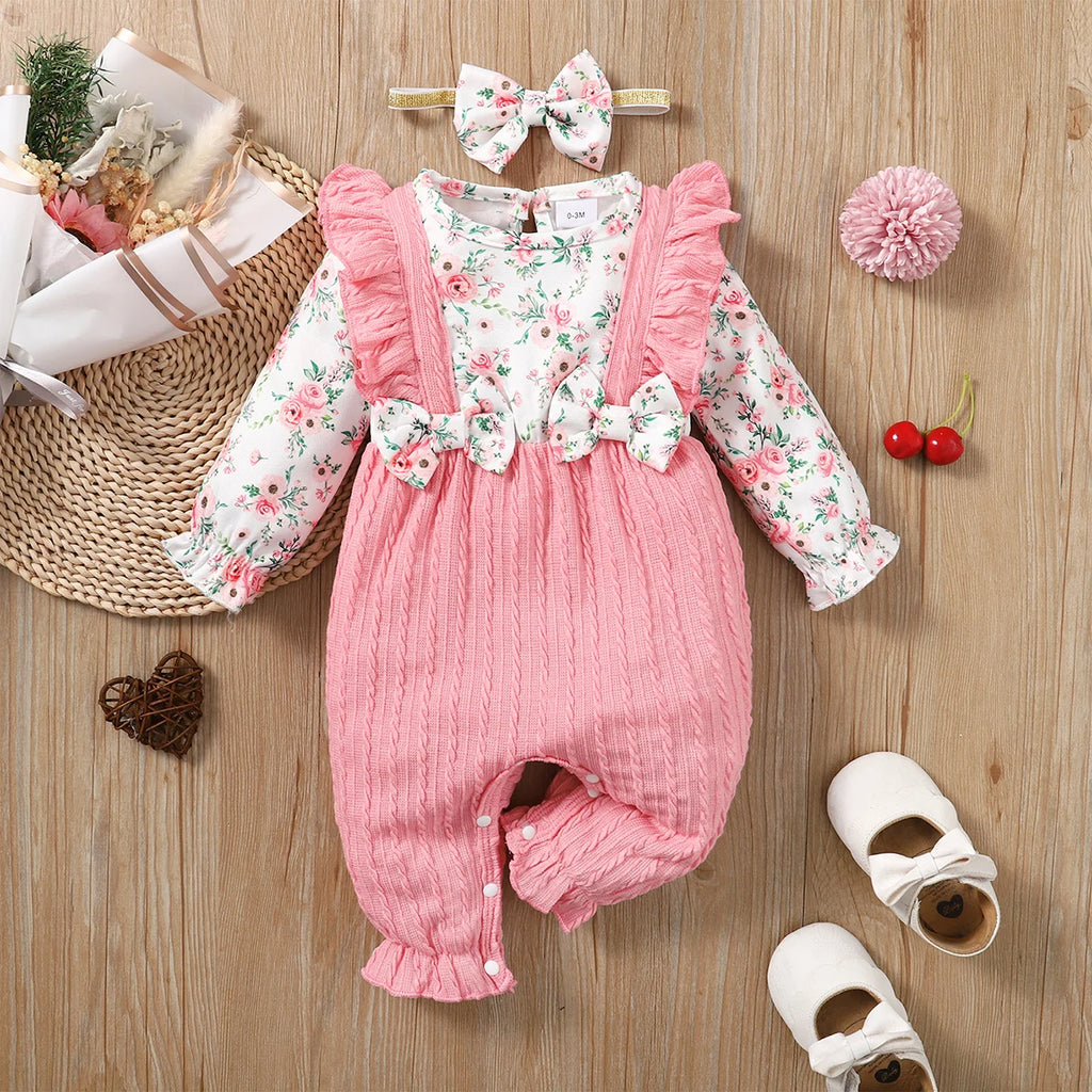0-18 Months Newborn Baby Girl Romper Cute Floral Long Sleeve with Bow Bodysuit+Headband Infant Girl Spring&Autumn Jumpsuit
