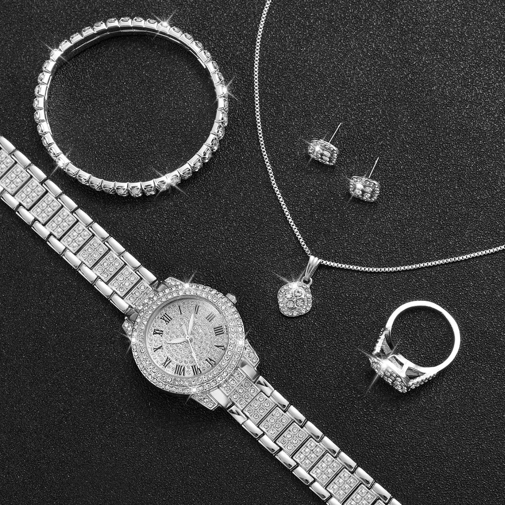 6PCS/Set Women's Watch Fashion Full Diamond Steel Band Analog Quartz Watches Jewelry Set(Without Box)