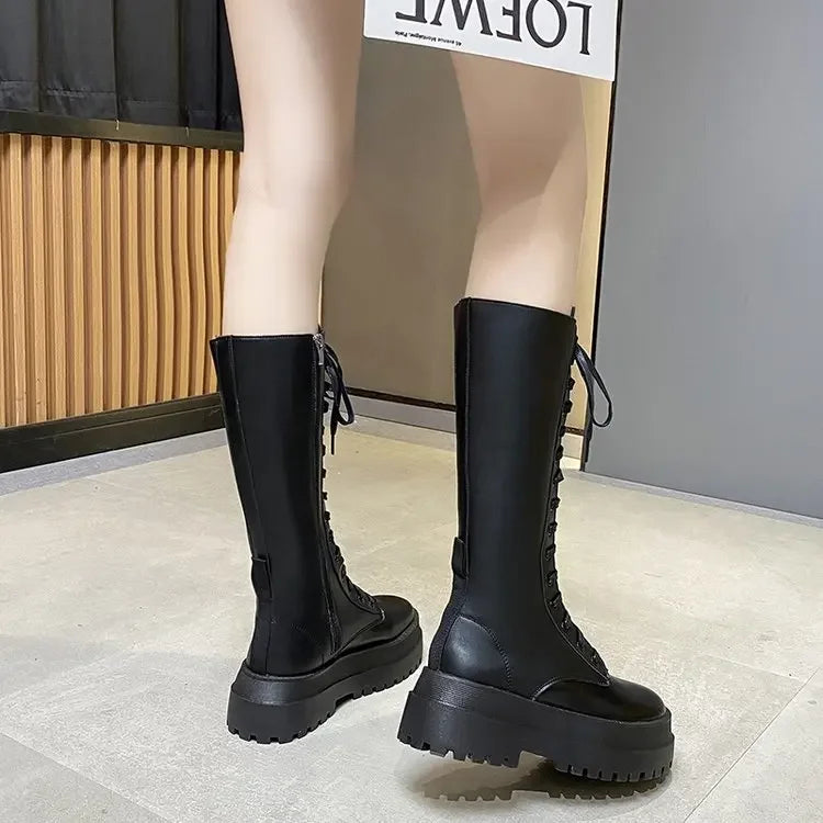 2024 New Thicken Winter Knight Boots Women Knee High Long Square Heel Boots Retro Thick Motorcycle Boots Black White Botas Mujer