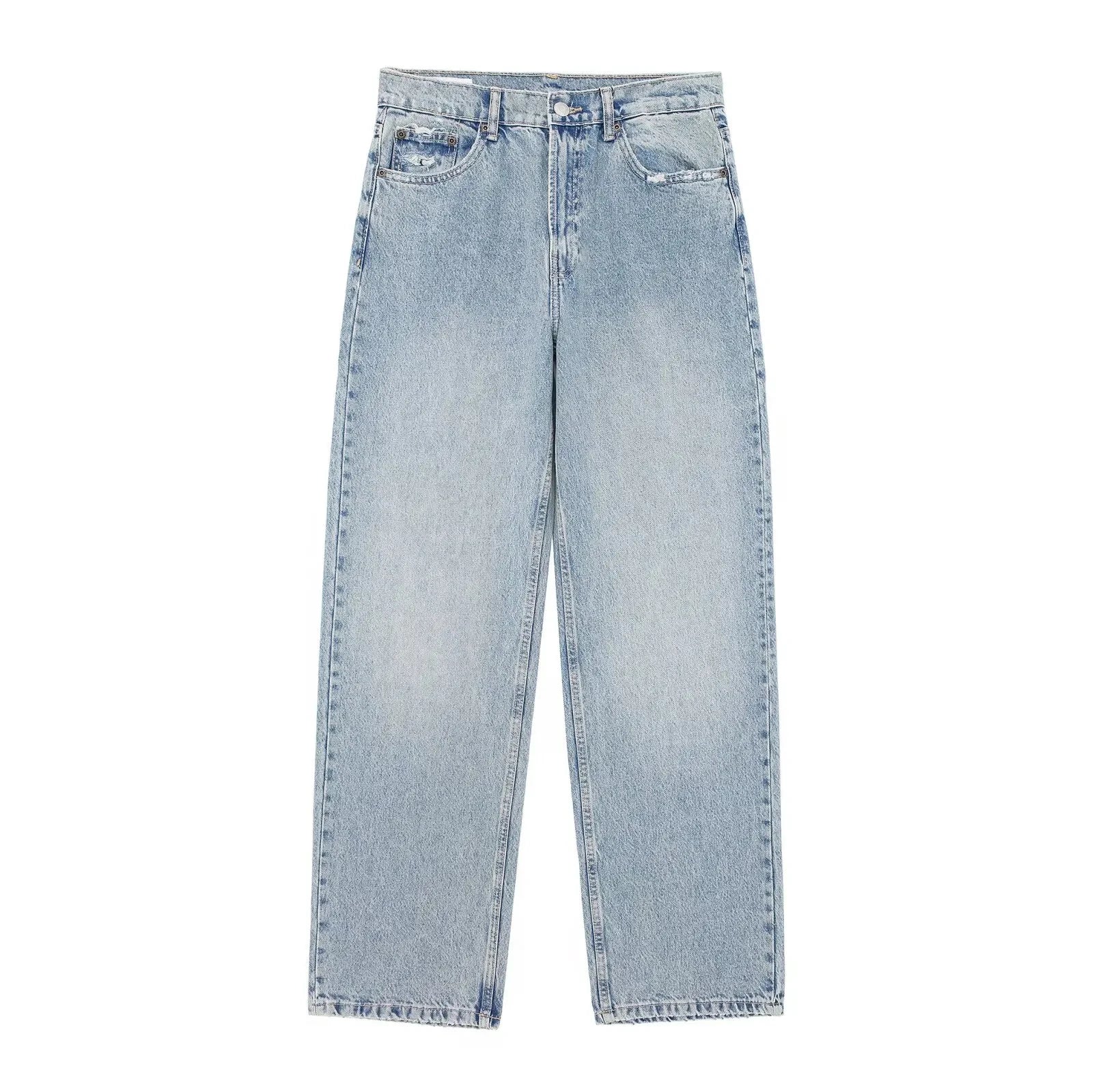 HH 2024 Women's Street Fashion Denim Blue Jeans Distressed Patchwork High Waist Zipper Fly Ripped Retro Long Pants