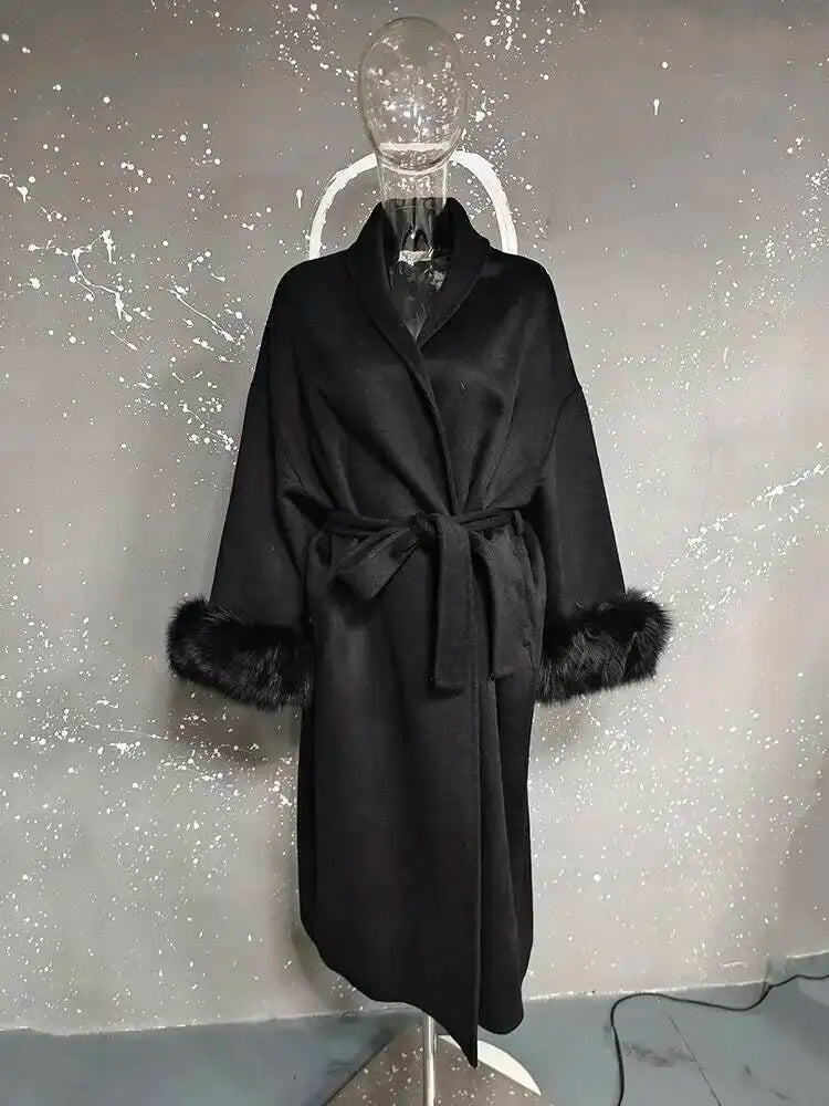UCXQ Elegant OL Office Lady Overcoats Fur Patchwork Long Sleeve Woolen Coat Beautiful Women's Clothing Jacket Autumn 2025 Winter