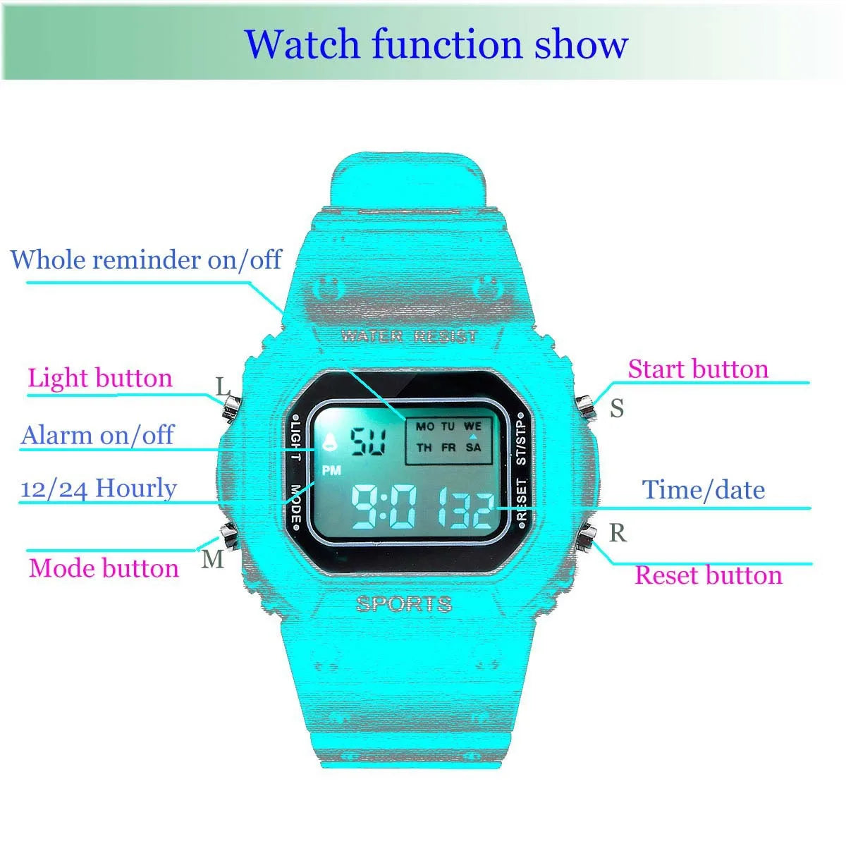 Sports Electronic Watch Waterproof Matcha Green Men and Women Square Student White LED Watch