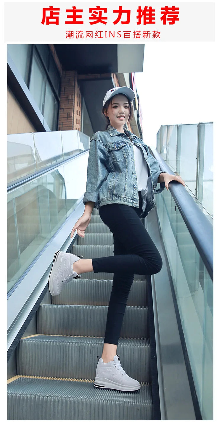 Casual Increase Women Shoes Mesh Comfortable Breathable Wedge Heels Fashion Contracted Lace Up Running Sneakers Tênis Branco