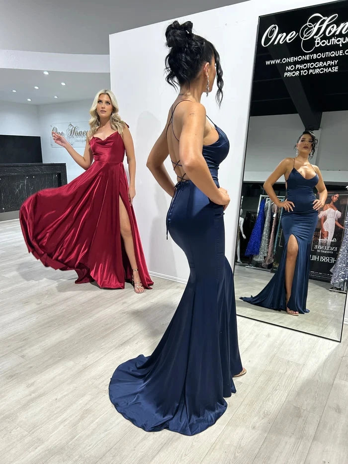BABYONLINE Simple In Stock Soft Sliky Satin Bridesmaid Dresses Cowl Neck Tieing Thin Straps Leg Slit and Flowing A-line Dress