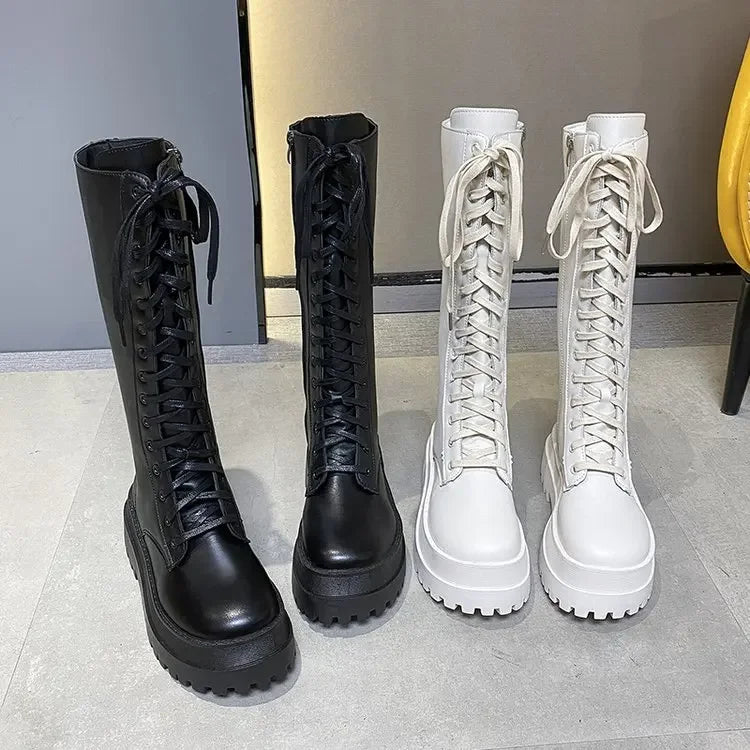 2024 New Thicken Winter Knight Boots Women Knee High Long Square Heel Boots Retro Thick Motorcycle Boots Black White Botas Mujer