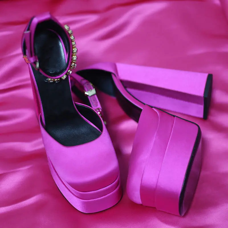 High Heels Women 2025 New Fashion Show 15cm Personality Super High Heel Waterproof Square Head Black Silk Runway Shoes