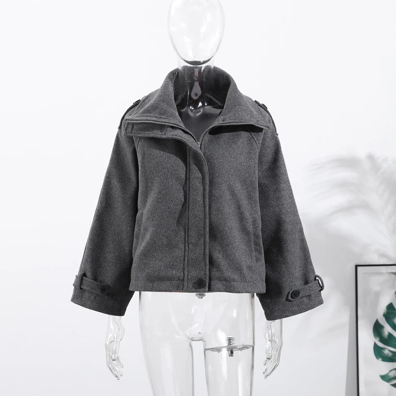 Stand Collar Women Spring Woolen Coats Single Breasted Loose Female Long Sleeve Jacket  Fashion Office Lady Street Short Coat