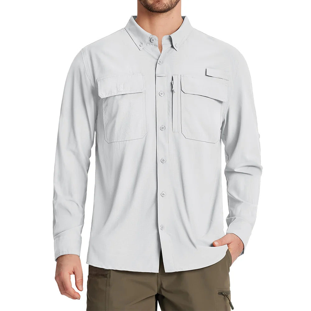 TACVASEN UPF 50+ Sun Protection Fishing Shirts Men's Quick Dry Long Sleeve Shirts Mesh Breathable Hiking Work Cargo Shirts