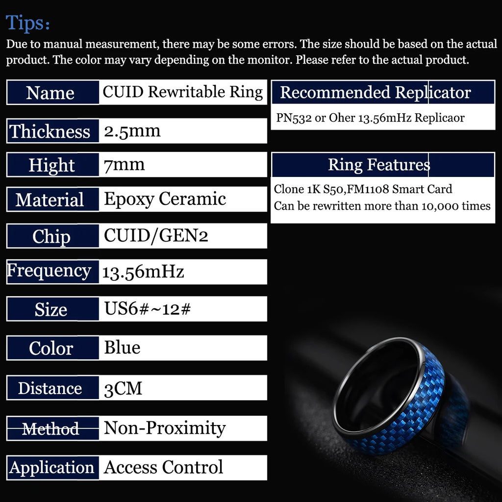 Inlay Blue or Black Carbon fiber for Men Women 7mm Ceramic Finger Ring,Gen2 Rewritable 13.56mHz  UID 1K S50 Smart Jewerly Ring
