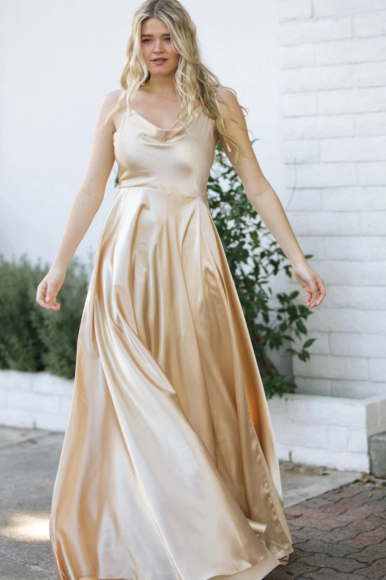 BABYONLINE Simple In Stock Soft Sliky Satin Bridesmaid Dresses Cowl Neck Tieing Thin Straps Leg Slit and Flowing A-line Dress