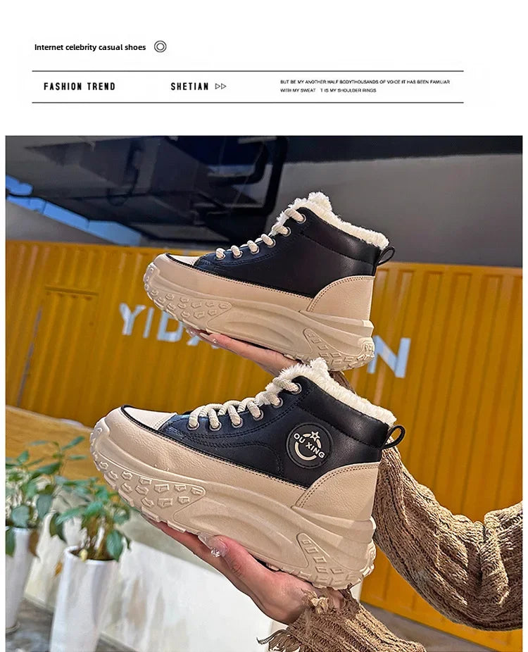 Women's Winter 2023 New Style Flat Boots Fleece Lined Thickened Warm Cotton Shoes High Top Little White Shoes Hx-q037