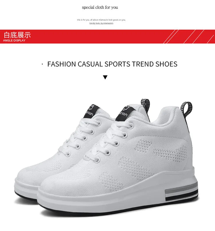 Casual Increase Women Shoes Mesh Comfortable Breathable Wedge Heels Fashion Contracted Lace Up Running Sneakers Tênis Branco