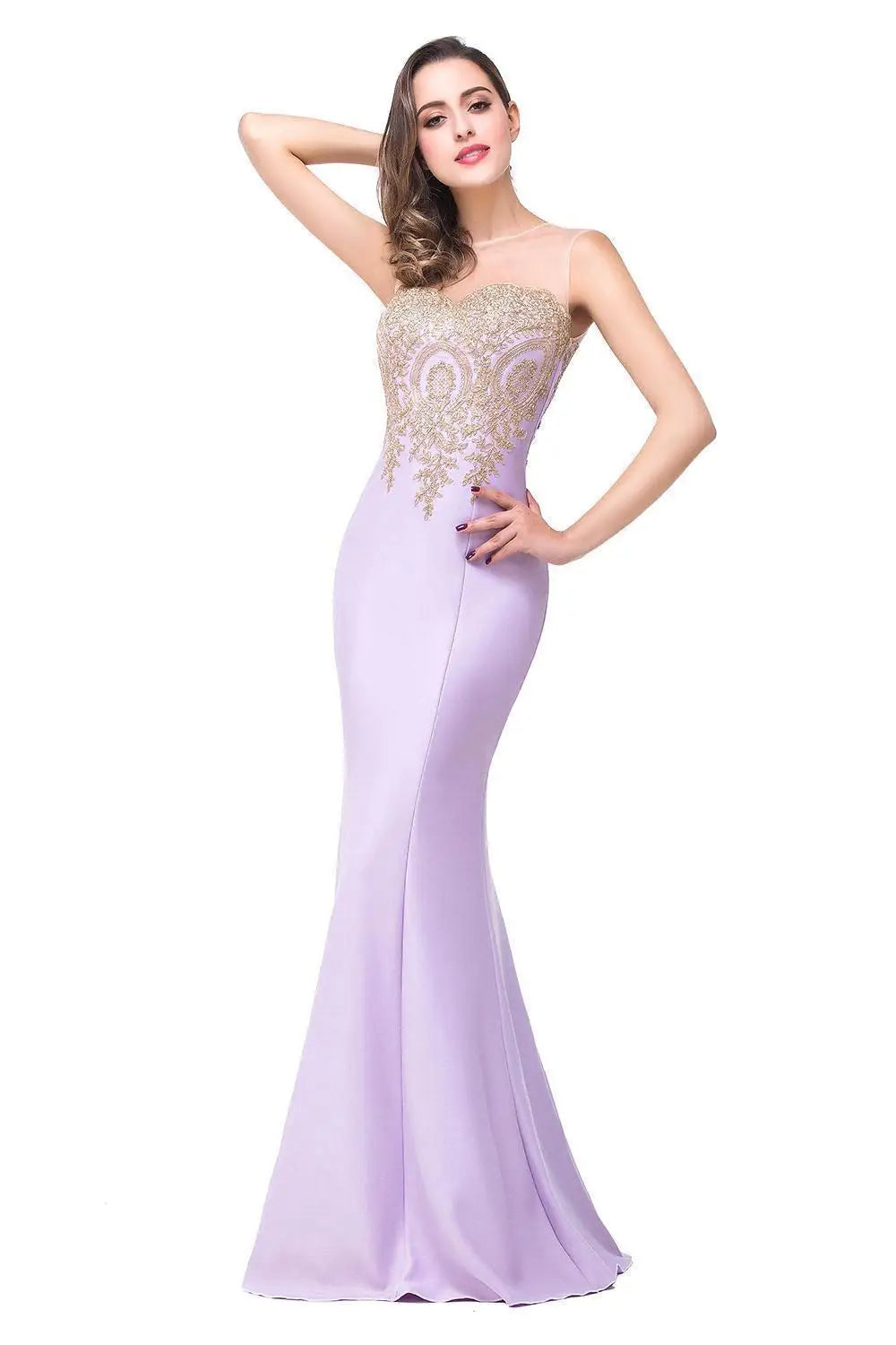 BABYONLINE Golden Appqulies Bridesmaid Dresses for Women Maxi Floor Length Mermaid Gowns Elegant Sweetheart Illusion Summer