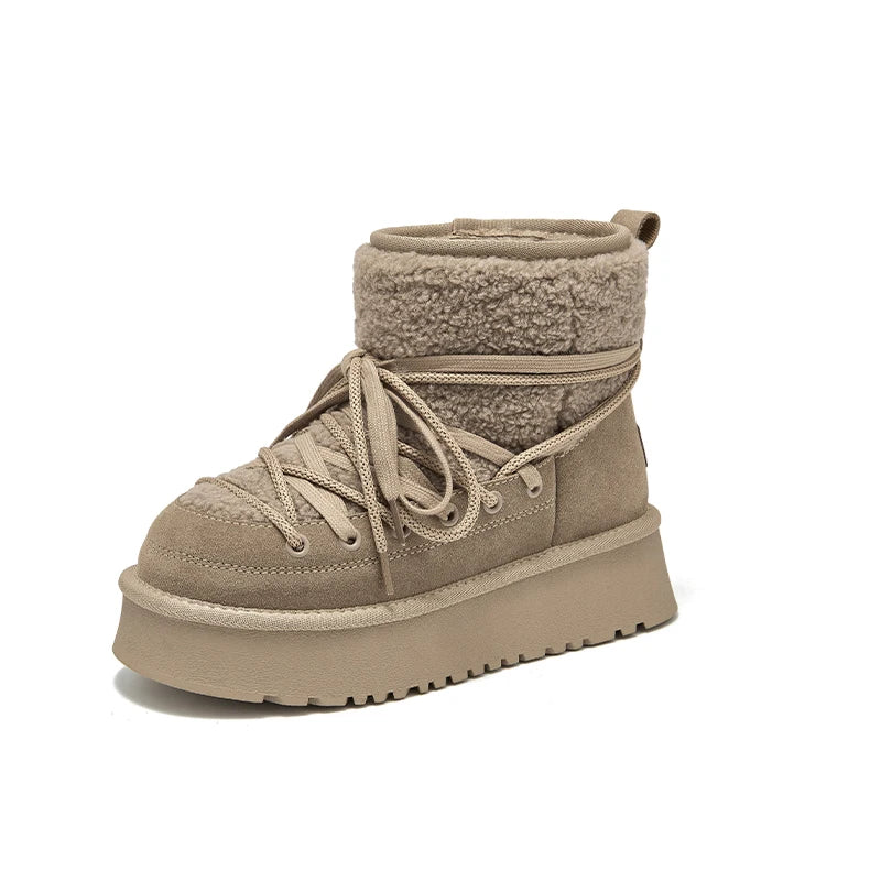 BEAUTODAY Snow Boots Women Cow Leather Solid Color Round Toe Thick Sole Slip-On Winter Keep Warm Laides Furry Shoes MS1A001