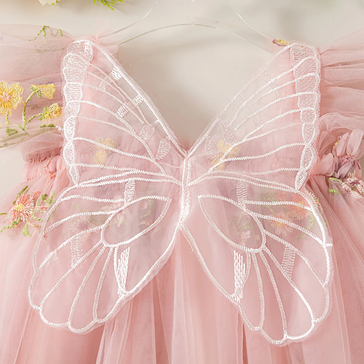 Summer New Girls' Dress Halter Small Flying Sleeve Embroidery Pattern Wings Sweet Princess Dress Mesh Princess Dress