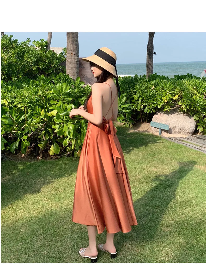 New ivory Caramel terracotta Auburn satin 120cm over knee spaghetti backless strap summer lady girl dress gown daily wear