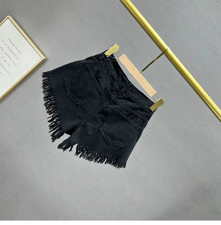 Diamond-Embedded Denim Shorts Women's Fashionable 2023 New Summer High Waist Loose Slimming Raw Hem Wide Legs Short Hot Pants