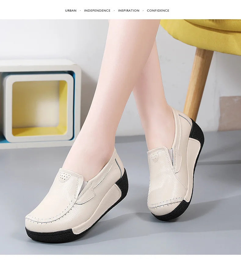 2022 Spring Autumn Women Flats Platform Loafers Ladies Genuine Leather Comfort Wedge Moccasins Orthopedic Slip On Casual Shoes