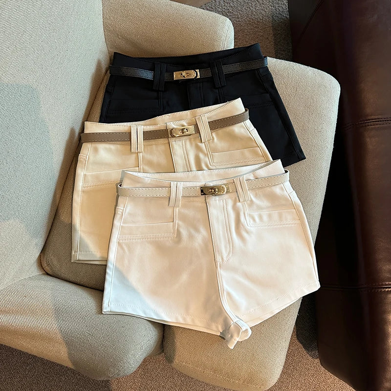 Autumn Black White Elegant Fashion Sexy Slim Short Pant Clothes Women Casual Beige Pockets High Waist Office Lady Shorts Simple