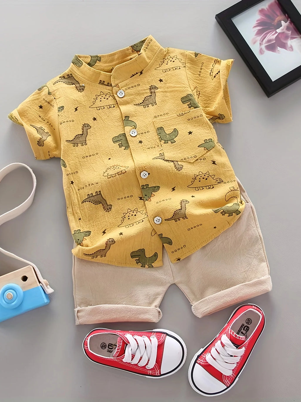 Infant and toddler summer full print small dinosaur pattern short sleeved shorts set, outdoor standing collar shirt, fashionable