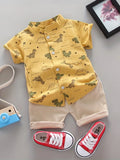 Infant and toddler summer full print small dinosaur pattern short sleeved shorts set, outdoor standing collar shirt, fashionable