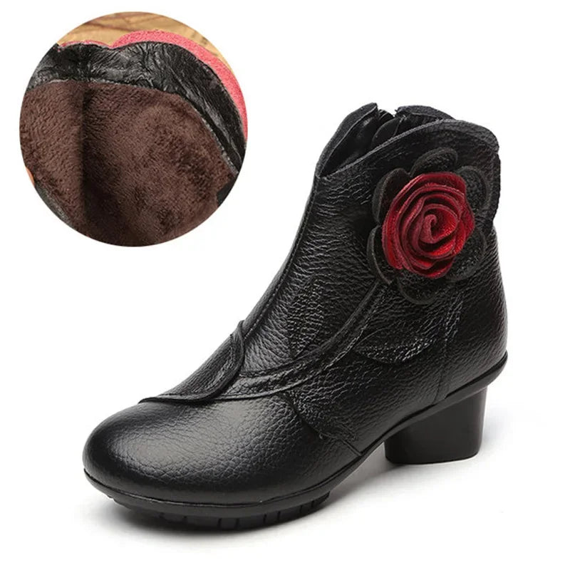 BEYARNE  Handmade Boots Flower Solid Color Womens Low Heel Genuine Leather Soft Short Boots Women Shoes Botas Mujer