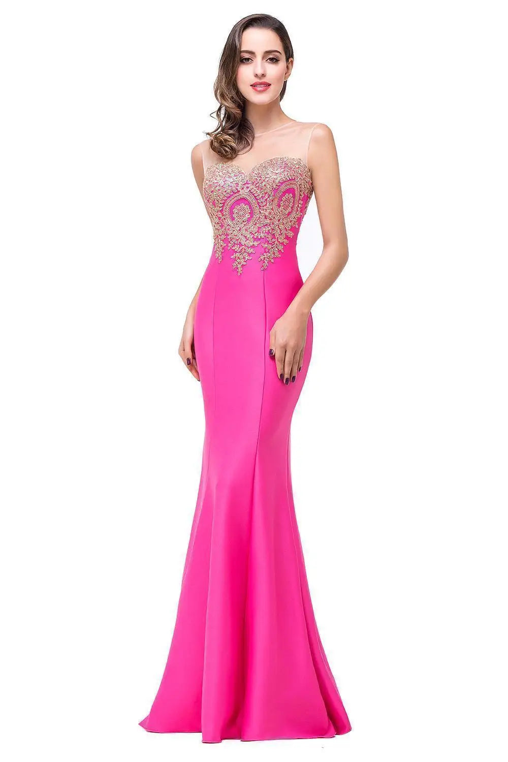 BABYONLINE Golden Appqulies Bridesmaid Dresses for Women Maxi Floor Length Mermaid Gowns Elegant Sweetheart Illusion Summer