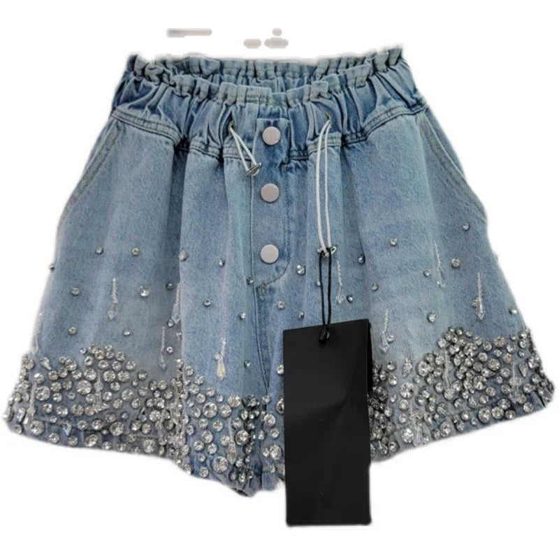 Heavy Industry Tassel Bead Diamond High Waist Jeans Shorts Loose Slimming Wide-Leg Denim Shorts Women 2023 Summer Short Pants